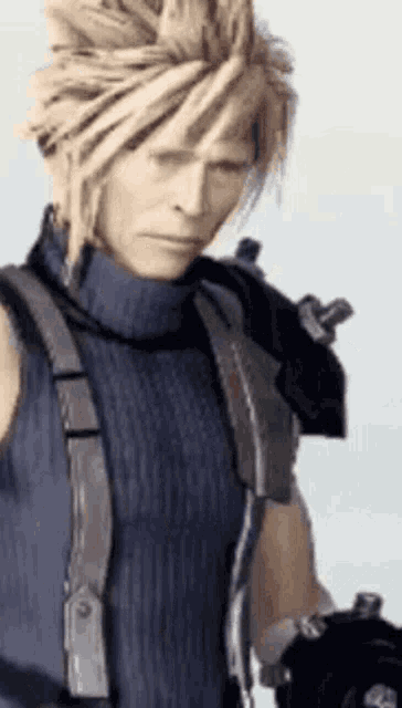 a close up of a video game character cloud strife holding a gun