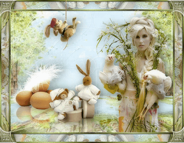 a picture of a woman holding a bunch of stuffed animals and eggs by steve erghan