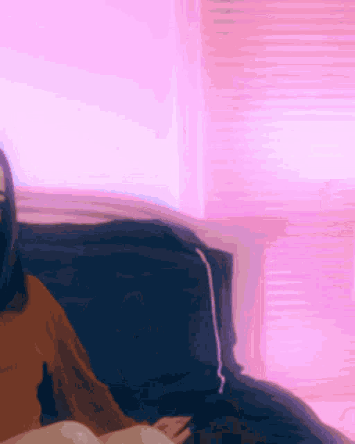 a woman is sitting on a couch in front of a window with pink blinds .