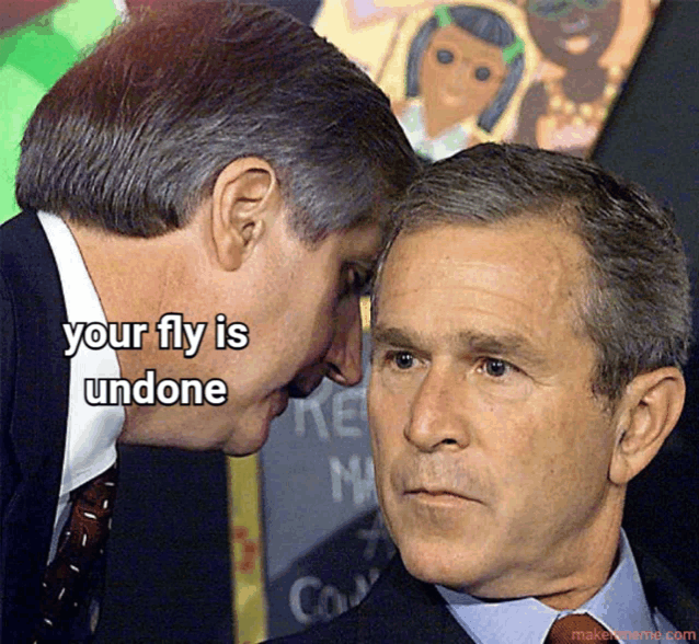 a man whispering into another man 's ear with the words your fly is undone