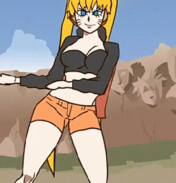 a cartoon drawing of a woman in shorts and a crop top