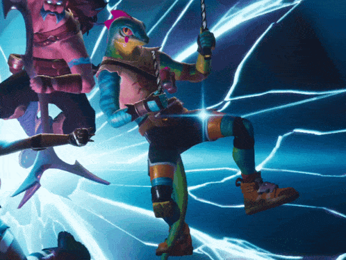 a video game character with a lizard head holds a sword