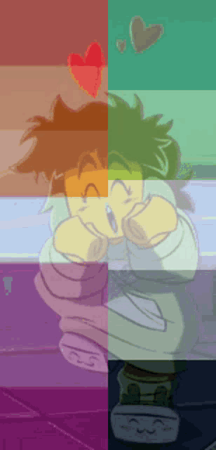 a cartoon character with a heart on his head is surrounded by a rainbow of colors