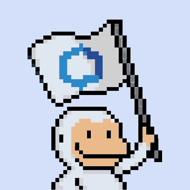 a pixel art drawing of a person holding a flag with an o on it