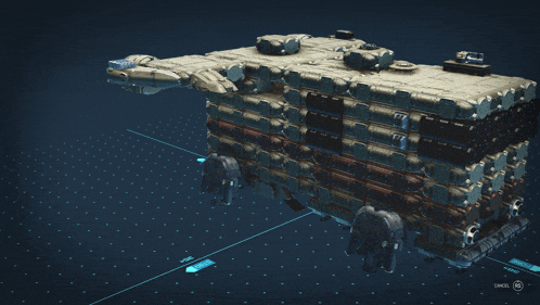 a computer generated image of a space ship with a cancel button in the lower right corner