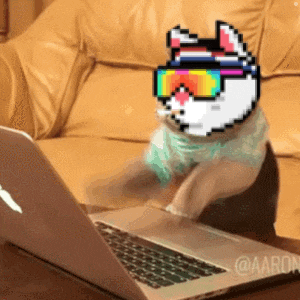 a pixel art of a cat wearing sunglasses sitting in front of an apple laptop