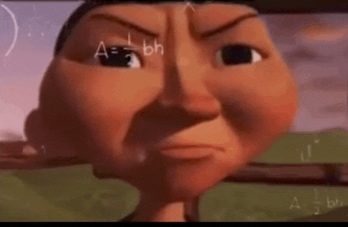 a close up of a cartoon character 's face with math equations written on the chalkboard behind it .