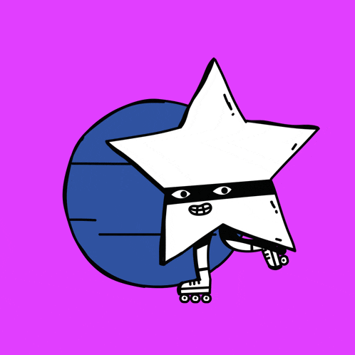 a cartoon drawing of a star wearing a mask and rollerblading