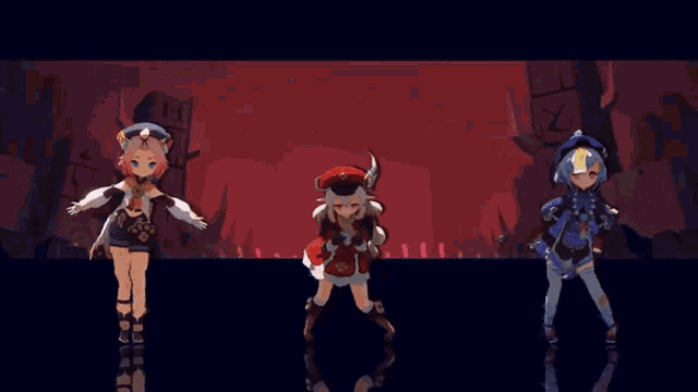 three anime girls are dancing in front of a red background