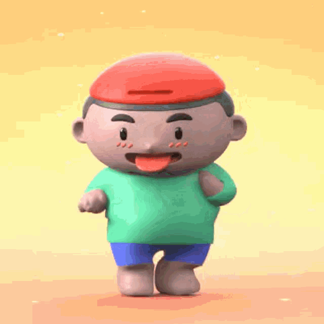 a cartoon character wearing a green shirt and blue shorts is sticking his tongue out