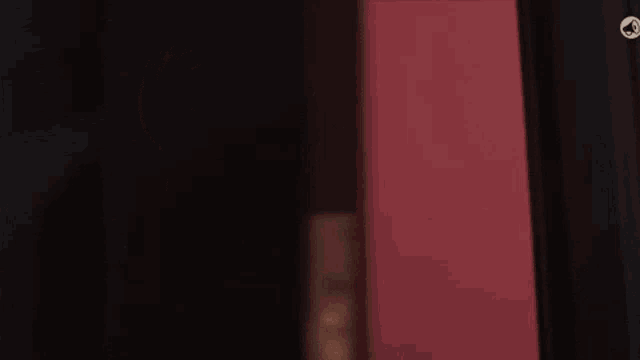 a woman is standing in front of a red background and looking at the camera .