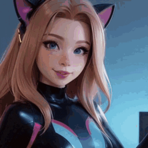 a girl with cat ears on her head is wearing a cat suit .