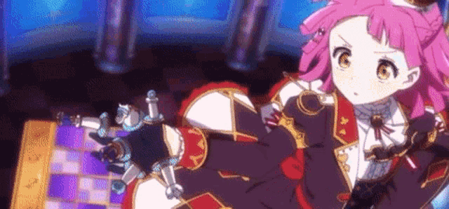 a girl with pink hair is holding a sword in front of a chess board .