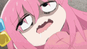 a cartoon girl with pink hair and a mustache making a funny face .