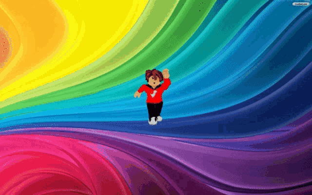 a girl in a red shirt is running in front of a rainbow