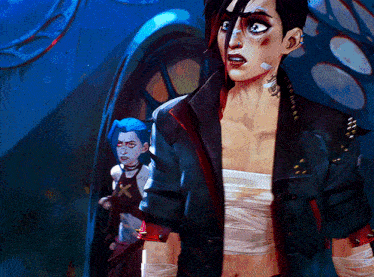 a man with bandages on his face and a woman with blue hair behind him