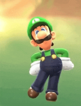 a cartoon character wearing overalls and a green hat is standing on a grassy field .