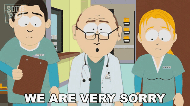 a cartoon says we are very sorry in front of a doctor and two nurses