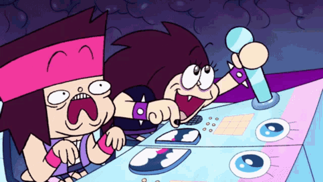 two cartoon characters are playing a game and one has a microphone