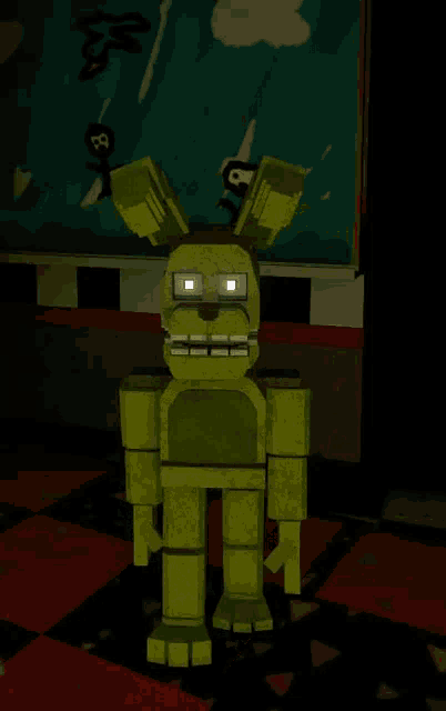 a 3d rendering of a yellow rabbit with a light on its eyes