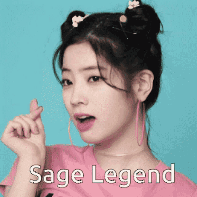a girl in a pink shirt with sage legend written on the bottom