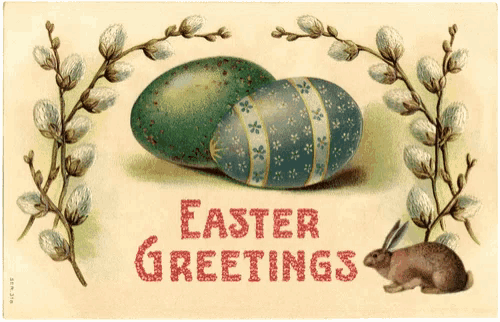 an easter card with two eggs and a rabbit