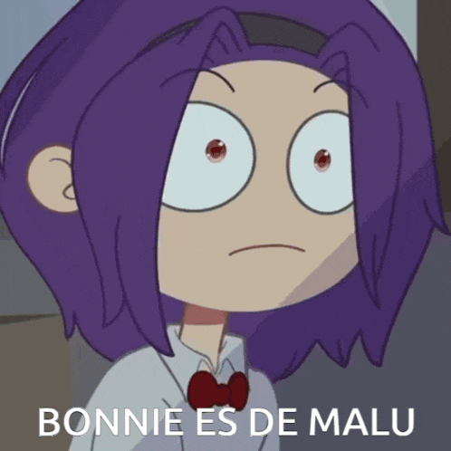 a cartoon character with purple hair and the words bonnie es de malu below him