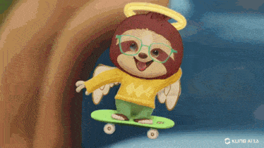a sloth wearing glasses and a yellow sweater is riding a skateboard