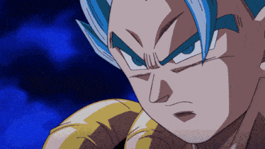a close up of a cartoon character with blue hair and a yellow arm
