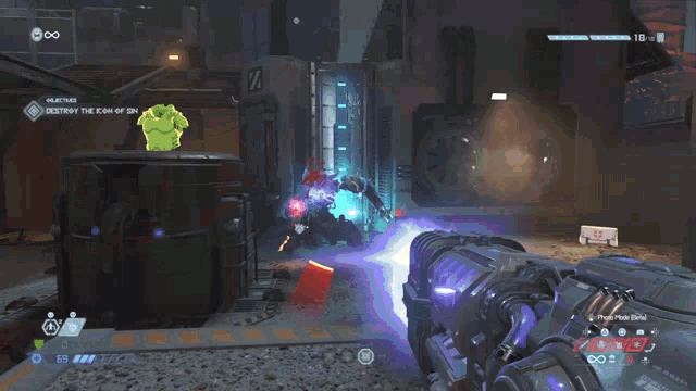 a video game is being played with a purple monster