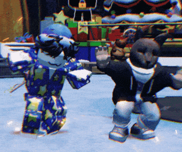 a couple of cartoon characters dancing in front of a christmas tree