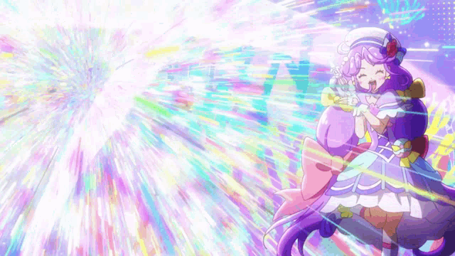 a girl with purple hair and a white hat is surrounded by colorful lights