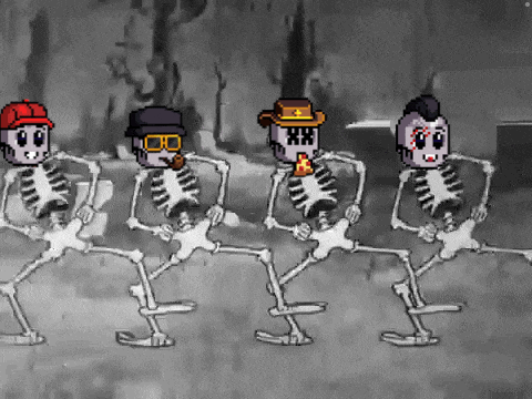 a group of skeletons are dancing in a cartoon style