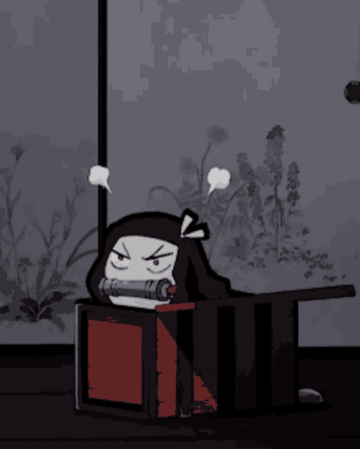 a cartoon character is laying in a box and has a speech bubble coming out of her mouth