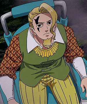 a man in a green vest and yellow pants sits in a chair