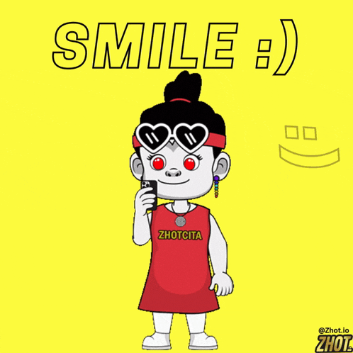 a cartoon girl wearing sunglasses and a zhotcita shirt smiles