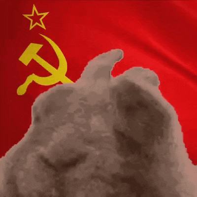 a stuffed animal is standing in front of a red flag with a hammer and sickle and a star .