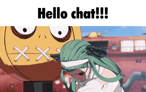 a picture of a girl with green hair and the words hello chat on the bottom
