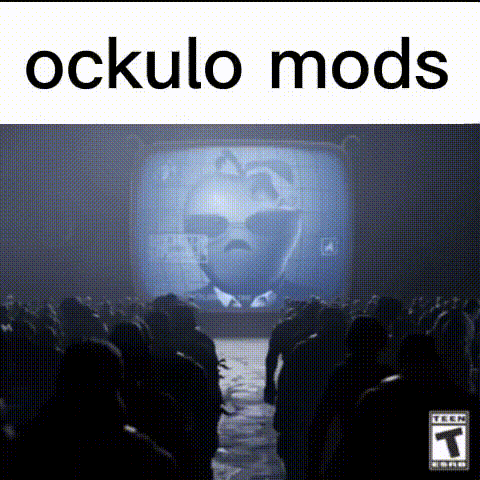 a group of people watching a tv screen with the words oculo mods on the bottom