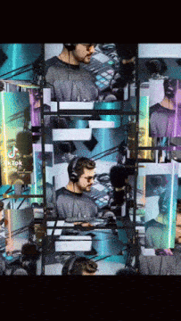 a man wearing headphones stands in front of a microphone in a collage of images
