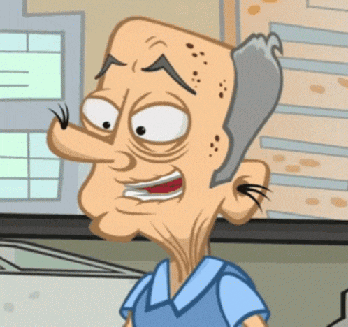 a cartoon of a man with a long nose and gray hair