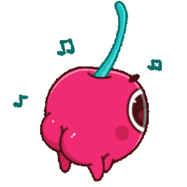 a cartoon of a cherry with a blue stem and music notes