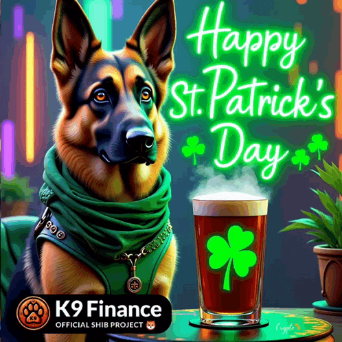 a painting of a german shepherd with a glass of beer and the words happy st. patrick 's day on it