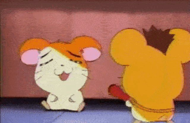 two cartoon hamsters are standing next to each other and one has a crown on his head
