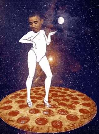 a cartoon of obama dancing on a pizza