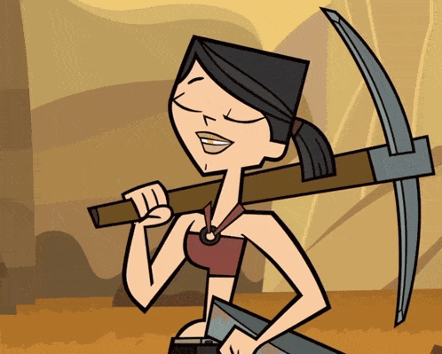 a cartoon of a woman carrying a pickaxe on her back