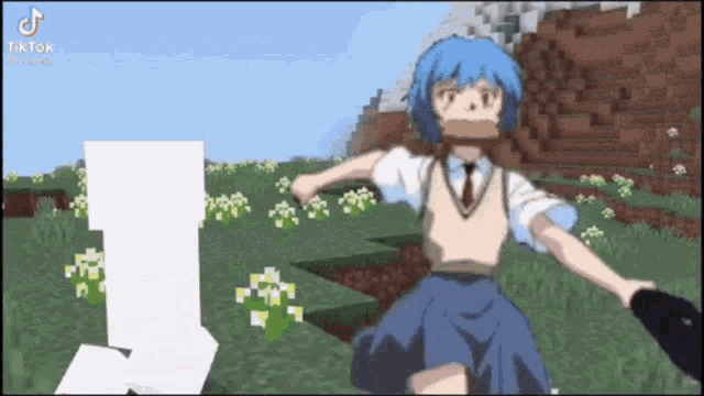 a girl with blue hair is standing in a field in a minecraft video .