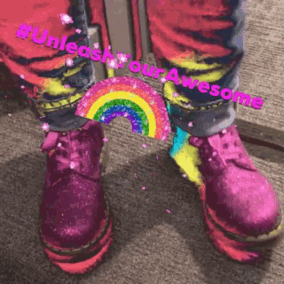 a picture of a person 's legs with a rainbow and the words " unleash your awesome "