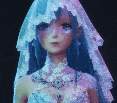 a girl with blue hair is wearing a veil and necklace