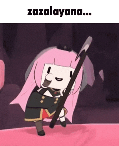 a cartoon girl with pink hair is holding a spear .